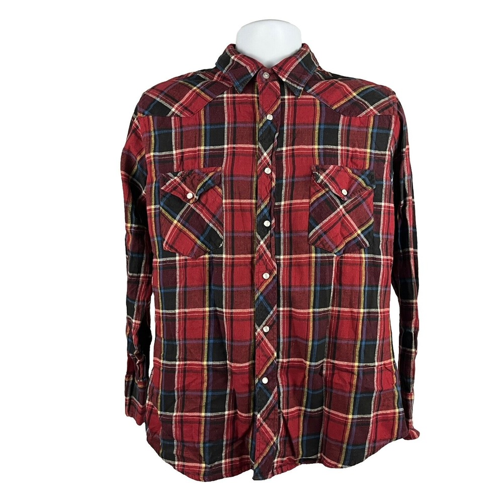 Wrangler Western Flannel Shirt Men's Large Pearl Snaps Cowboy Rodeo Farm Ranch